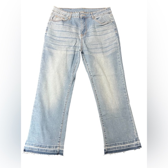 Denim - Women's High Waisted Frayed Hem Straight/wide Leg Ankle Jeans-light blue